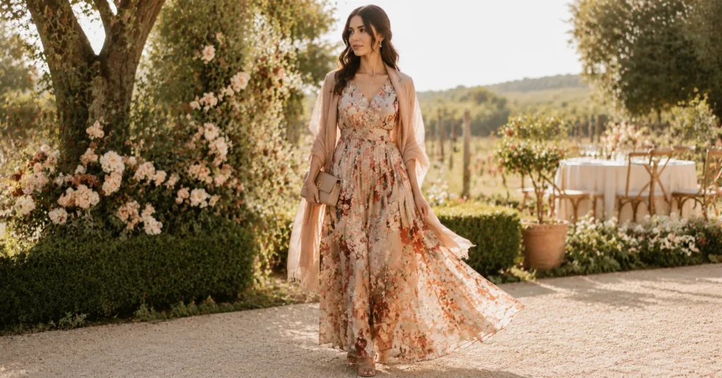 35 Stunning September Wedding Guest Outfit Ideas for Early Fall Weddings 4 September Wedding Guest Outfit Ideas featuring a floral maxi dress with a shawl