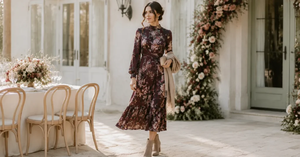 35 Stunning September Wedding Guest Outfit Ideas for Early Fall Weddings 3 September Wedding Guest Outfit Ideas with a dark floral midi dress for an early fall wedding