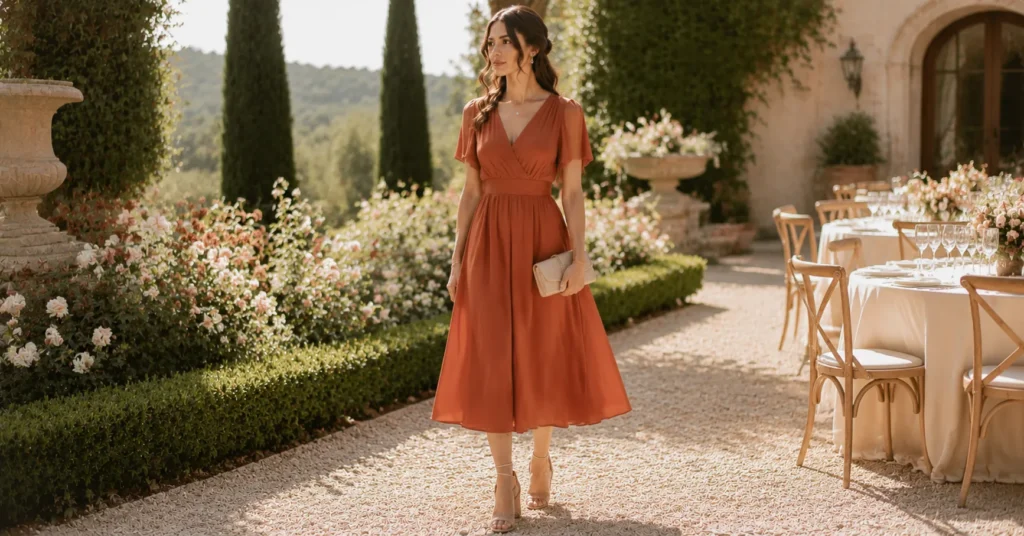 35 Stunning September Wedding Guest Outfit Ideas for Early Fall Weddings 7 September Wedding Guest Outfit Ideas with a midi dress