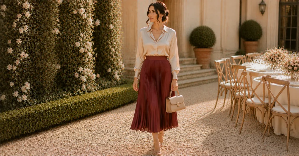 35 Stunning September Wedding Guest Outfit Ideas for Early Fall Weddings 11 September Wedding Guest Outfit Ideas with a pleated skirt and elegant blouse