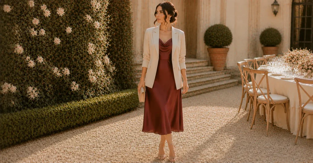 35 Stunning September Wedding Guest Outfit Ideas for Early Fall Weddings 12 September Wedding Guest Outfit Ideas with a slip dress and tailored blazer