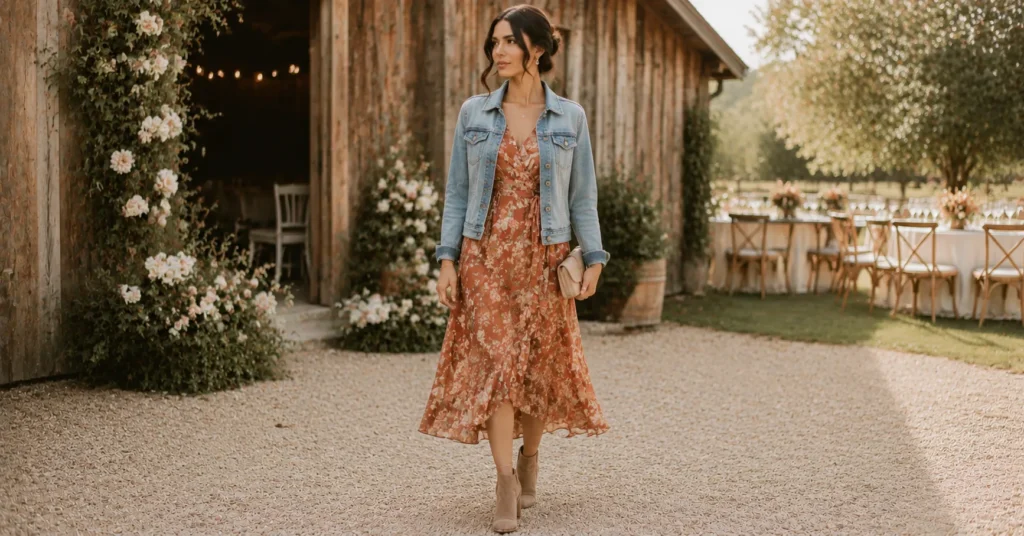 35 Stunning September Wedding Guest Outfit Ideas for Early Fall Weddings 8 September Wedding Guest Outfit Ideas with a wrap dress and denim jacket