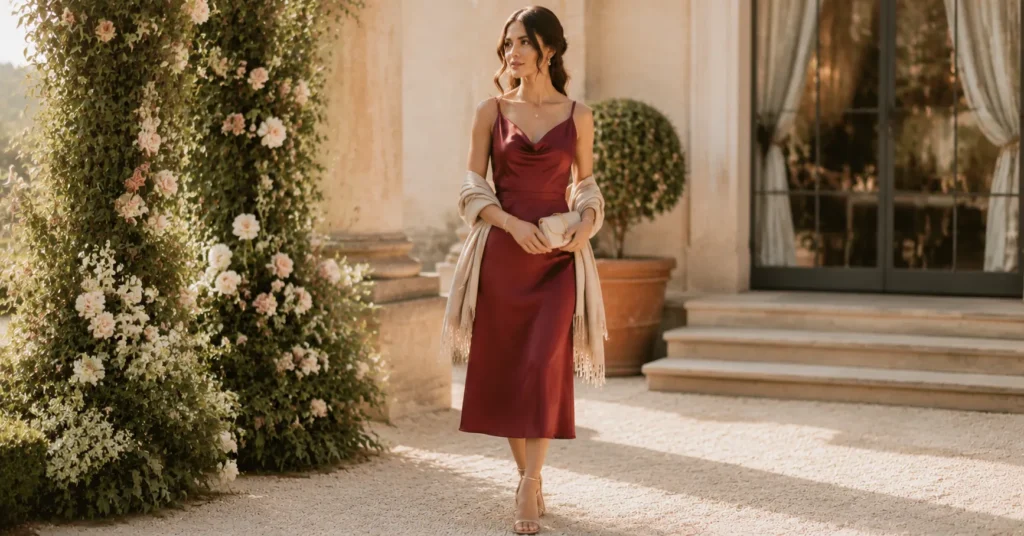 35 Stunning September Wedding Guest Outfit Ideas for Early Fall Weddings 5 September Wedding Guest Outfit Ideas with an elegant burgundy slip dress