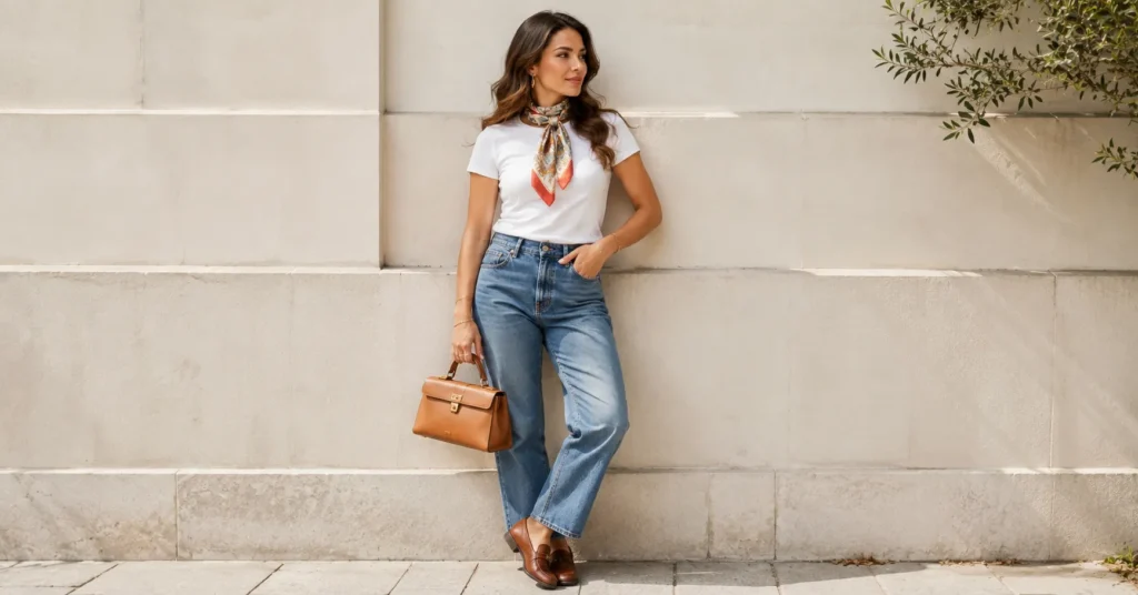 12 Effortless Silk Scarf Outfit Ideas for a Chic and Timeless Look 3 Silk Scarf Outfit Ideas with jeans, a white tee, and a printed neck scarf