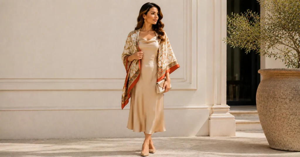 12 Effortless Silk Scarf Outfit Ideas for a Chic and Timeless Look 12 Silk Scarf Outfit Ideas with a silk shoulder wrap over an elegant satin dress