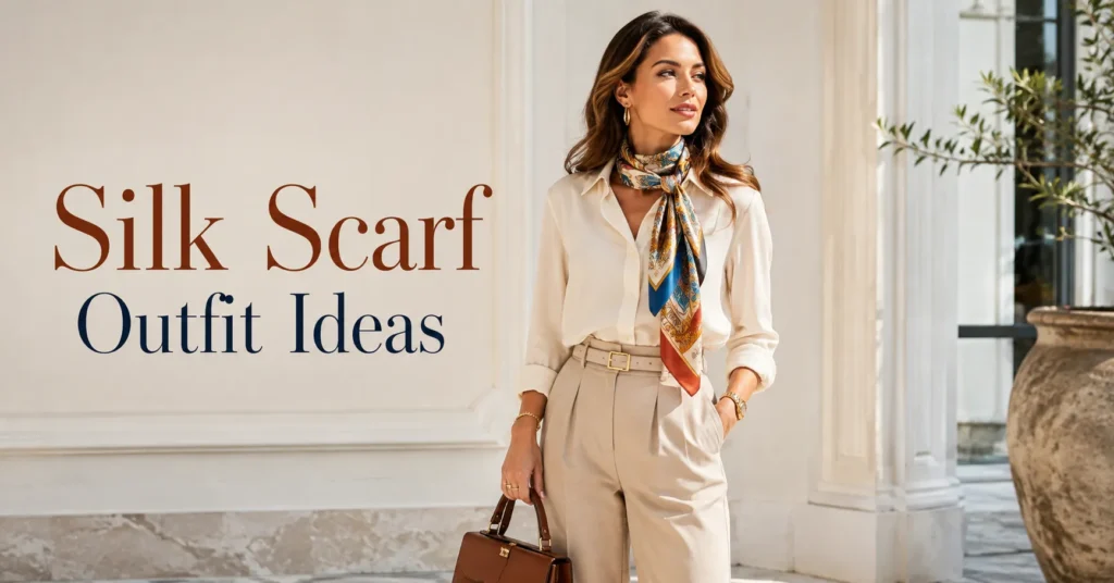 12 Effortless Silk Scarf Outfit Ideas for a Chic and Timeless Look 2 Silk Scarf Outfit Ideas featuring a chic printed scarf with a cream blouse and tailored trousers