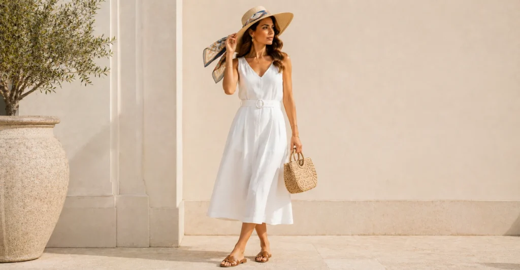 12 Effortless Silk Scarf Outfit Ideas for a Chic and Timeless Look 13 Silk Scarf Outfit Ideas with a printed silk scarf tied around a straw hat