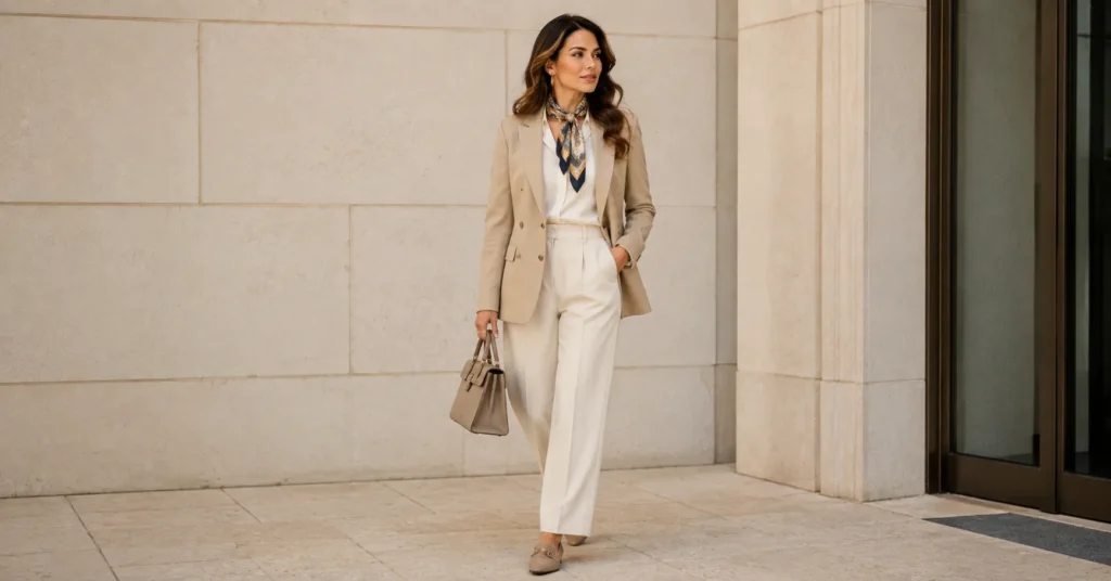 12 Effortless Silk Scarf Outfit Ideas for a Chic and Timeless Look 5 Silk Scarf Outfit Ideas with a tailored blazer and elegant neck scarf