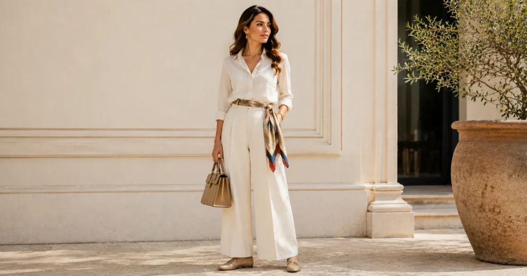 12 Effortless Silk Scarf Outfit Ideas for a Chic and Timeless Look 7 Silk Scarf Outfit Ideas using a colorful silk scarf as a stylish belt