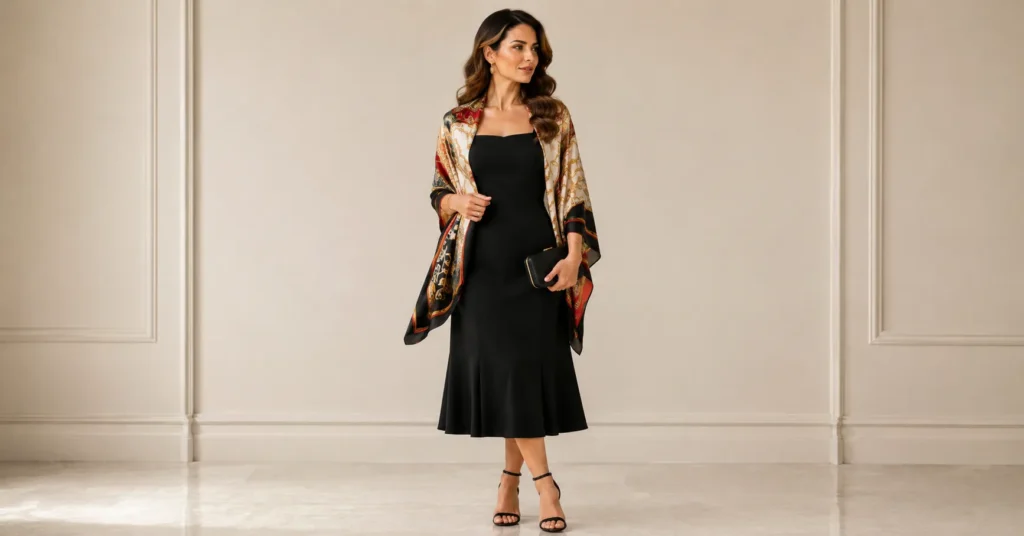 12 Effortless Silk Scarf Outfit Ideas for a Chic and Timeless Look 9 Silk Scarf Outfit Ideas with a classic little black dress and printed silk shoulder wrap