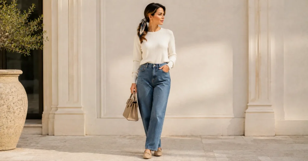 12 Effortless Silk Scarf Outfit Ideas for a Chic and Timeless Look 10 Silk Scarf Outfit Ideas with a printed silk scarf used as a ponytail wrap