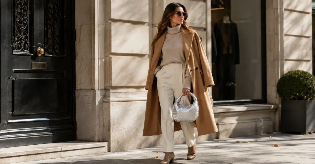 The Complete Silver Bottega Outfit Guide: Dazzling Ways to Wear Metallic Luxury 9 Silver Bottega Outfit autumn and winter styling with wool coat knitwear and metallic handbag