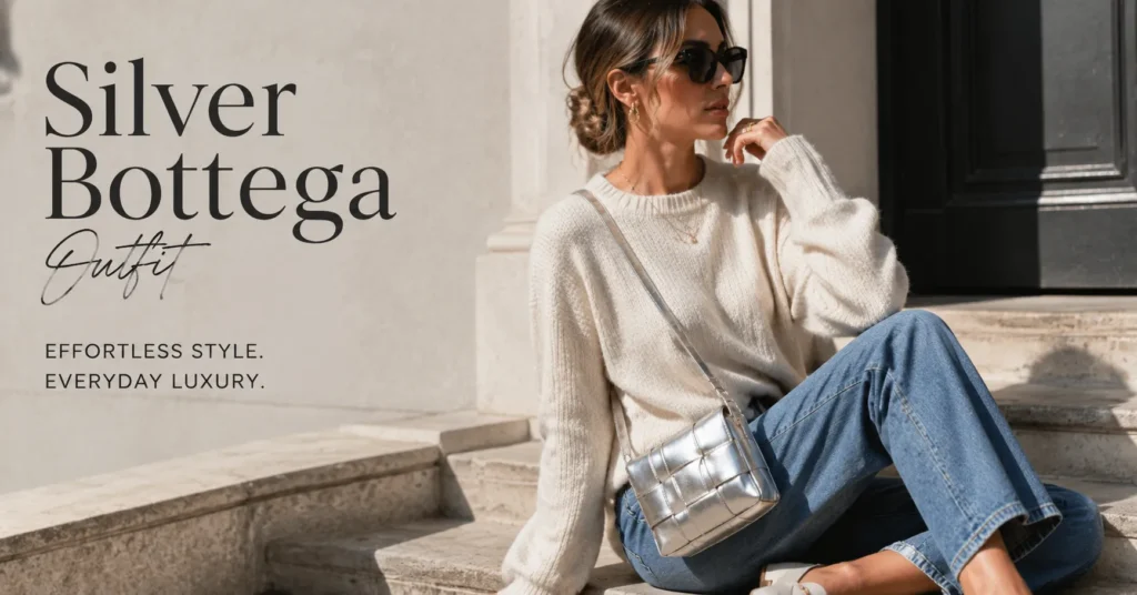 The Complete Silver Bottega Outfit Guide: Dazzling Ways to Wear Metallic Luxury 3 Silver Bottega Outfit casual daytime styling with jeans, cream sweater, and metallic luxury handbag