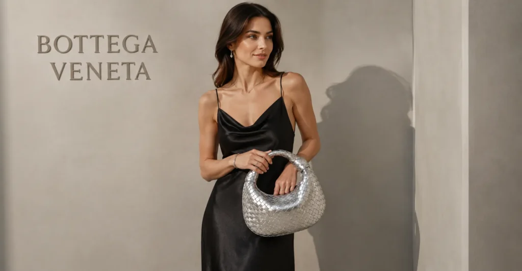The Complete Silver Bottega Outfit Guide: Dazzling Ways to Wear Metallic Luxury 5 Silver Bottega Outfit evening style featuring black dress and metallic luxury handbag
