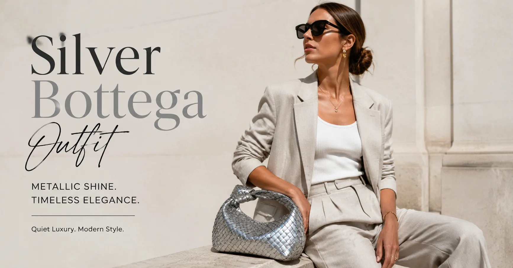 Home 12 Silver Bottega Outfit guide featuring metallic luxury handbag styling with elegant neutral fashion inspiration