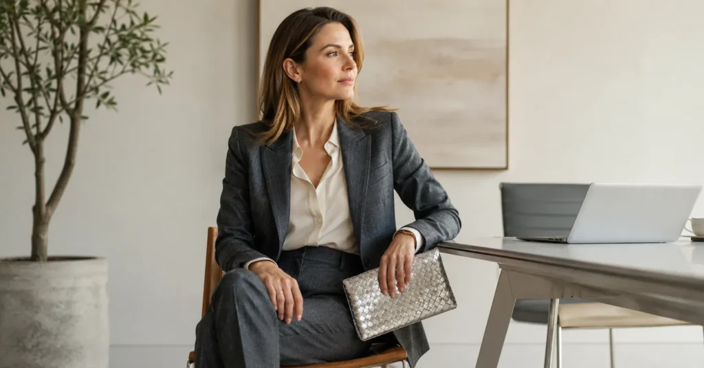 The Complete Silver Bottega Outfit Guide: Dazzling Ways to Wear Metallic Luxury 4 Silver Bottega Outfit office styling with tailored suit and elegant metallic clutch