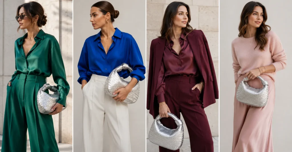 The Complete Silver Bottega Outfit Guide: Dazzling Ways to Wear Metallic Luxury 7 Silver Bottega Outfit with bold color combinations including emerald blue burgundy and blush fashion