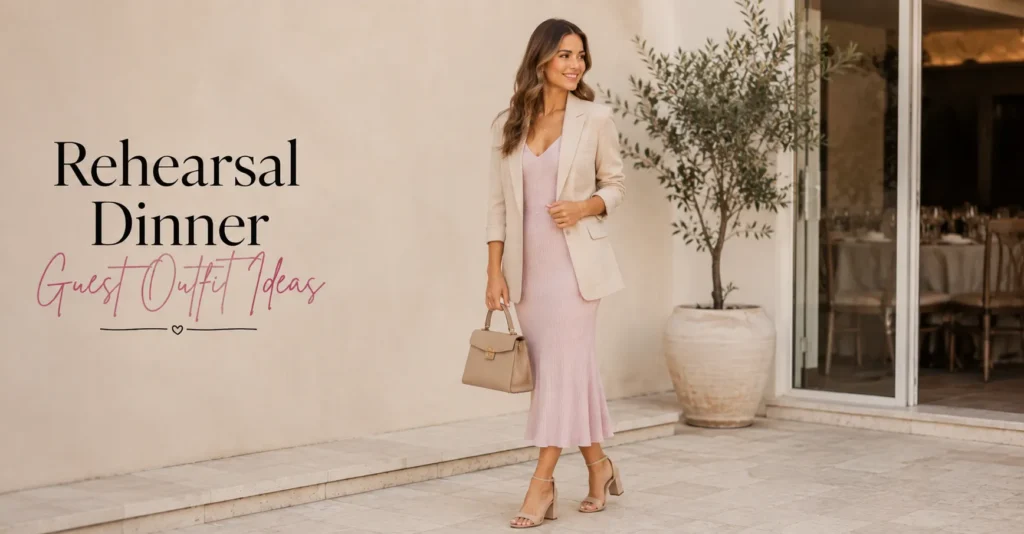 Smart Casual Rehearsal Dinner Guest Outfit Ideas with blazer and midi dress.