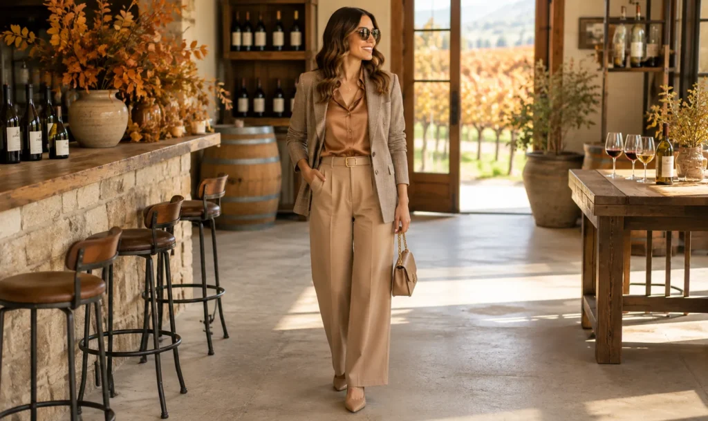 Smart casual Fall Winery Outfit Ideas with tailored trousers and satin blouse.