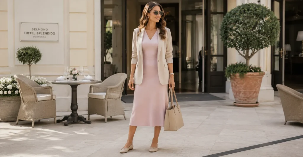 Effortless Wedding Farewell Brunch Outfit Ideas for the Morning After 4 Smart casual Wedding Farewell Brunch Outfit Ideas with midi dress and blazer.