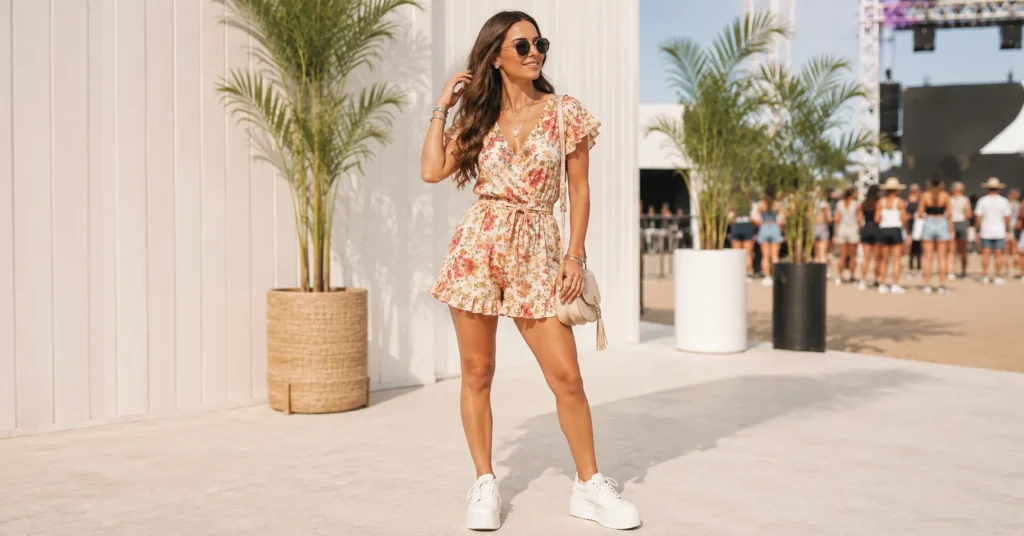 Summer Concert Outfit Ideas Women with a playful floral romper dress and sneakers
