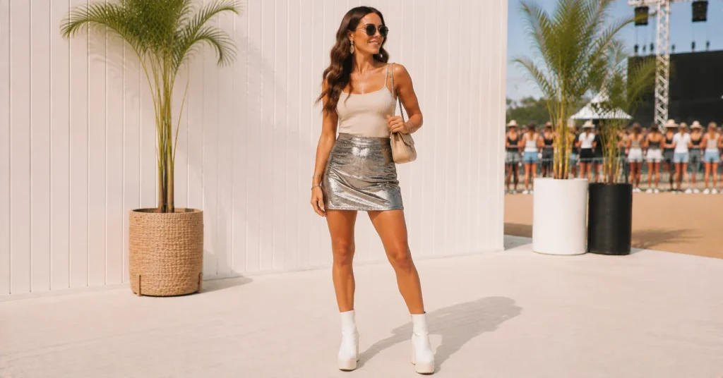 Summer Concert Outfit Ideas Women featuring a metallic mini skirt, fitted top, and platform boots