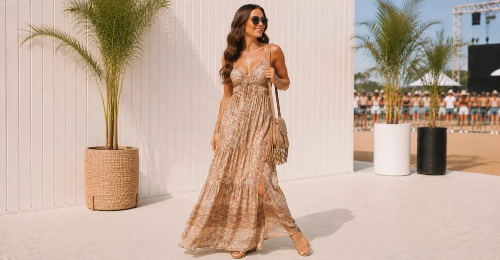Summer Concert Outfit Ideas Women featuring a breezy boho maxi dress and fringe handbag