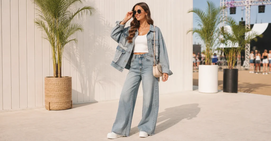Summer Concert Outfit Ideas Women featuring statement denim, a fitted top, and white sneakers