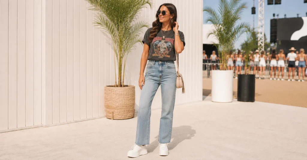 Summer Concert Outfit Ideas Women with a vintage graphic tee, jeans, and sneakers