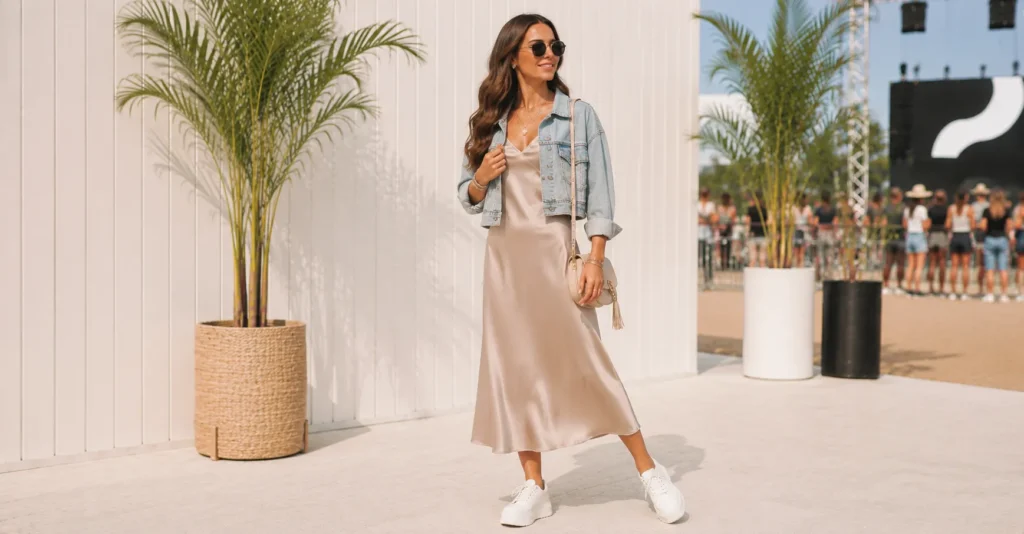 Summer Concert Outfit Ideas Women featuring a satin slip dress with a denim jacket and sneakers