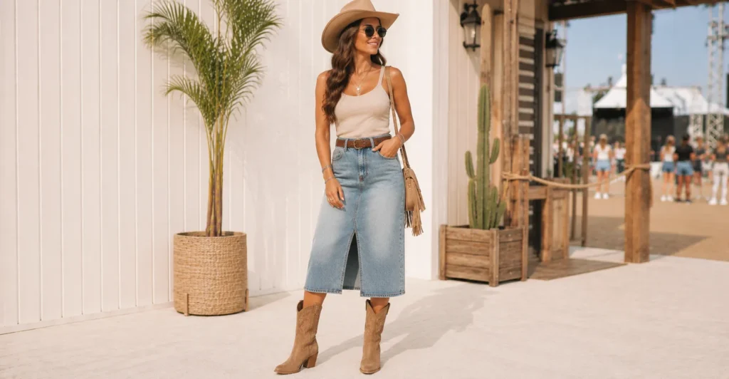 Summer Concert Outfit Ideas Women featuring a Western cowgirl look with denim and cowboy boots