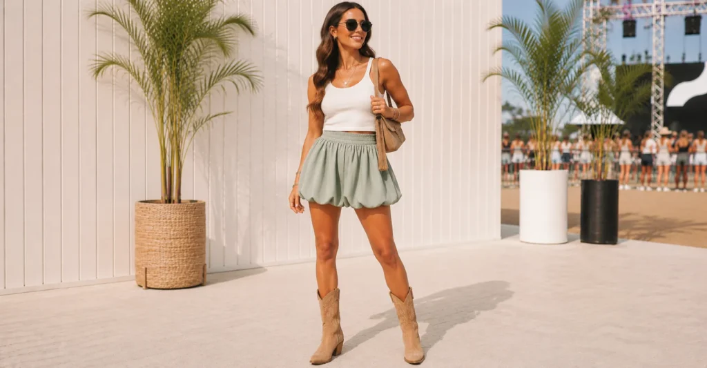 Summer Concert Outfit Ideas Women with a trendy bubble skirt, tank top, and cowboy boots