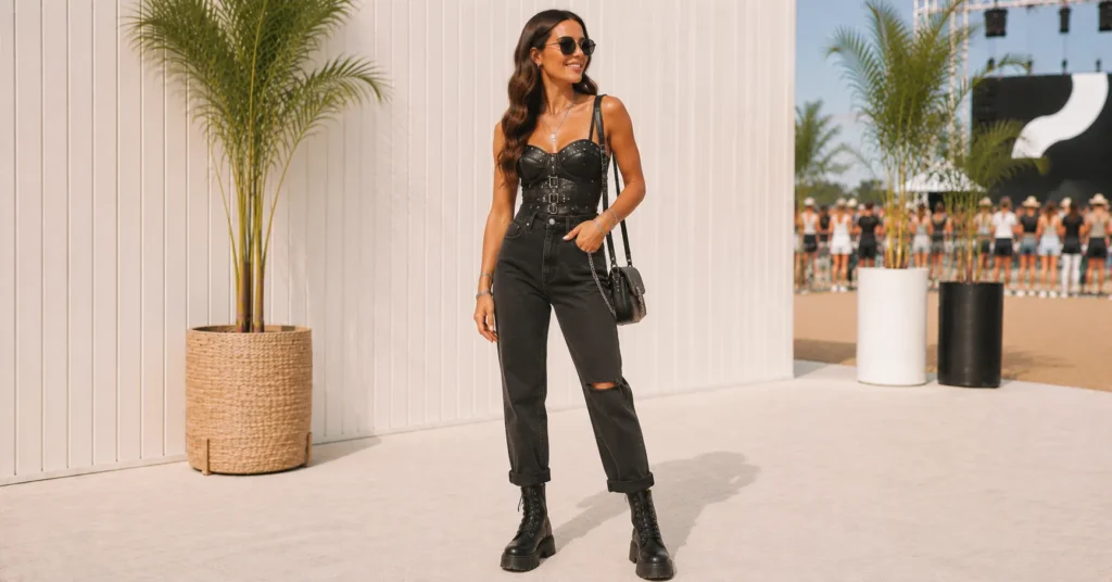 Summer Concert Outfit Ideas Women featuring an edgy hardware top, statement denim, and combat boots
