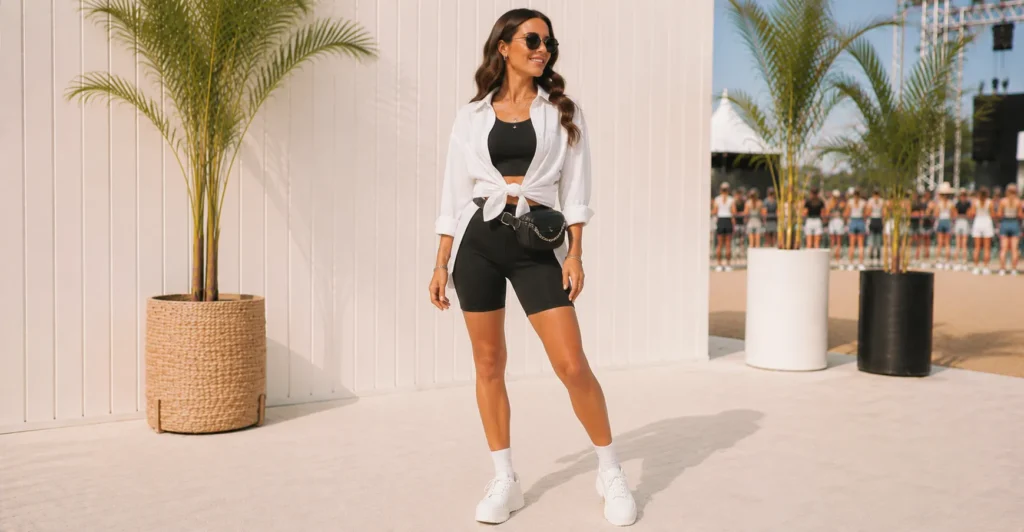 Summer Concert Outfit Ideas Women featuring a sporty athleisure set with bike shorts and white sneakers