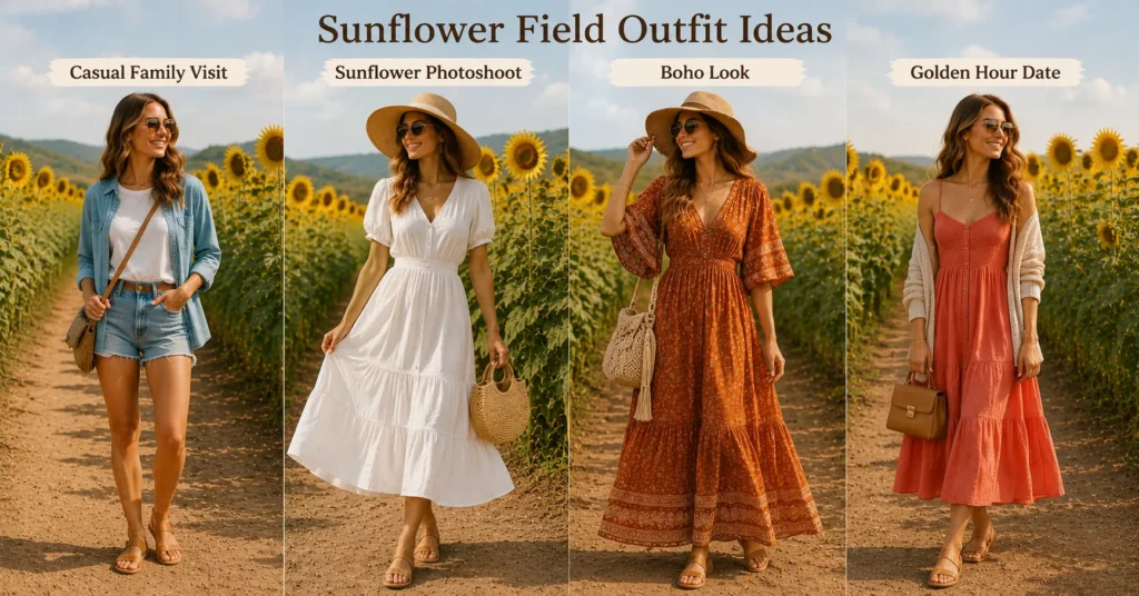 Sunflower Field Outfit Ideas comparison featuring four stylish summer outfit options.