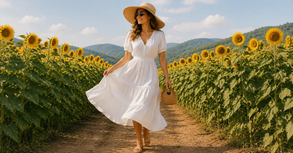 Sunflower Field Outfit Ideas featuring a flowy white dress for a photoshoot.