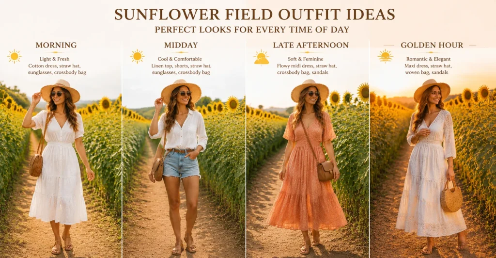 Sunflower Field Outfit Ideas featuring comfortable outfits for sunny summer field visits.