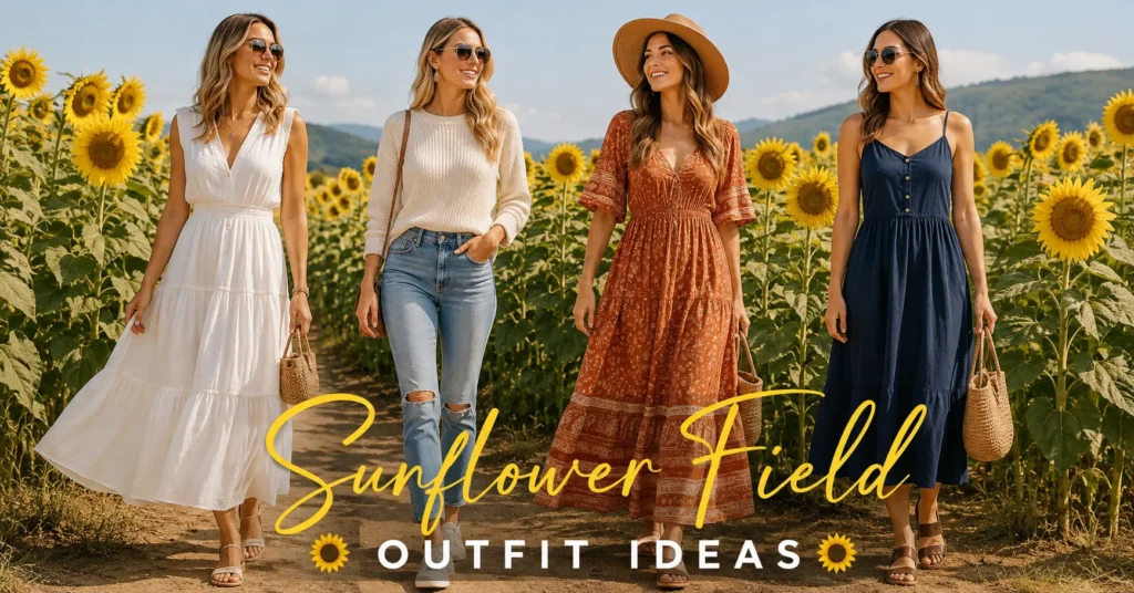 Sunflower Field Outfit Ideas featuring stylish summer outfits for golden sunflower fields.