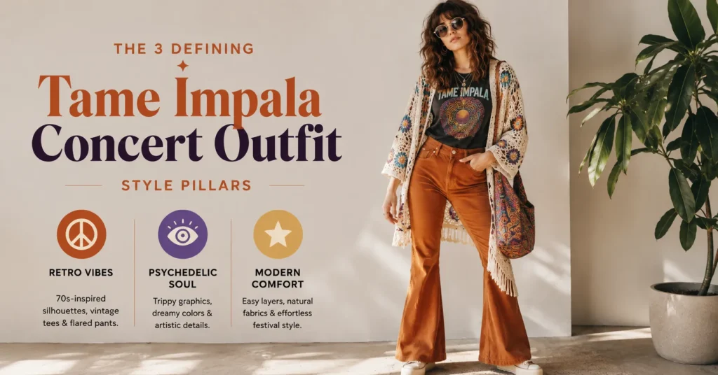 Tame Impala Concert Outfit combining retro boho and psychedelic fashion inspiration