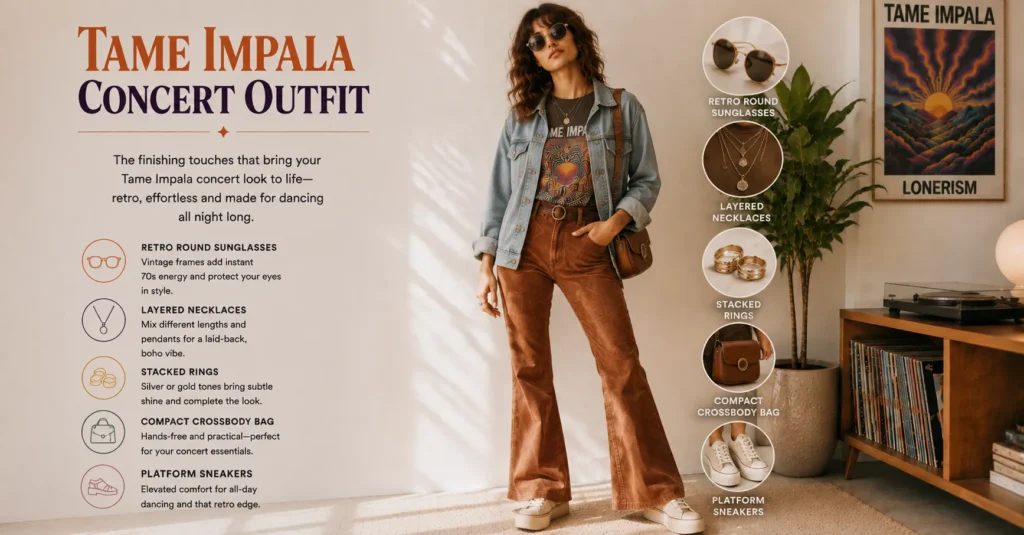 Tame Impala Concert Outfit completed with retro sunglasses layered jewelry and crossbody bag