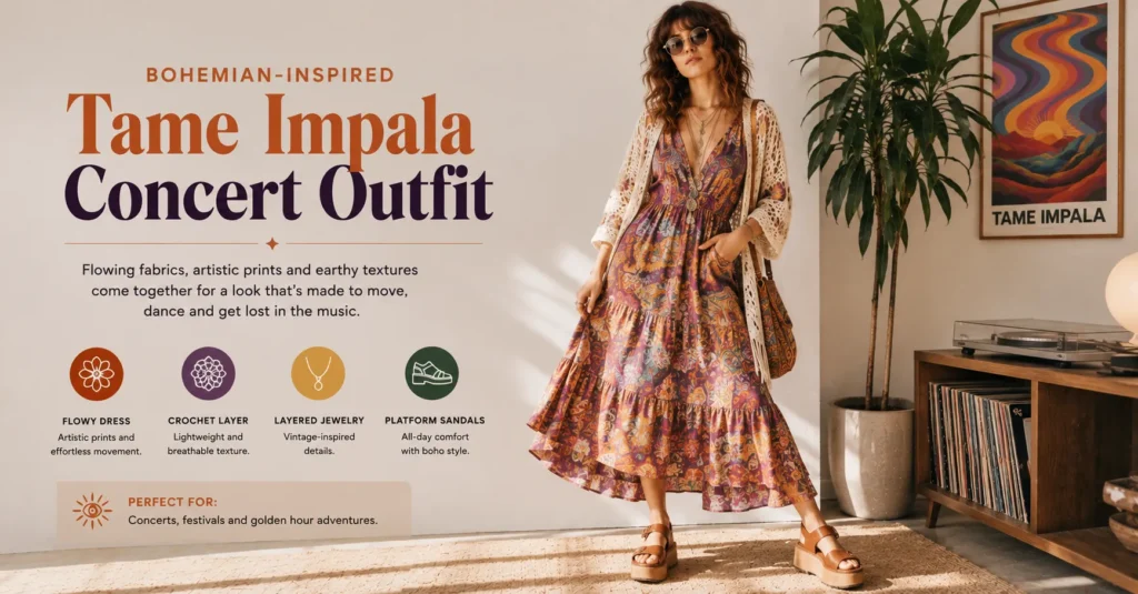 Tame Impala Concert Outfit featuring a flowy boho dress and comfortable festival style