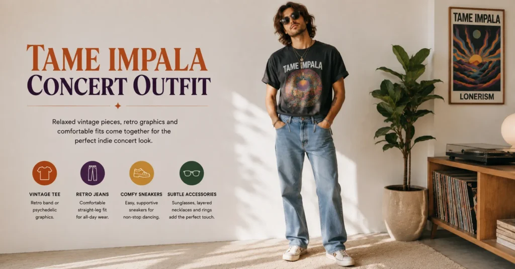 Tame Impala Concert Outfit featuring a vintage tee and relaxed retro jeans
