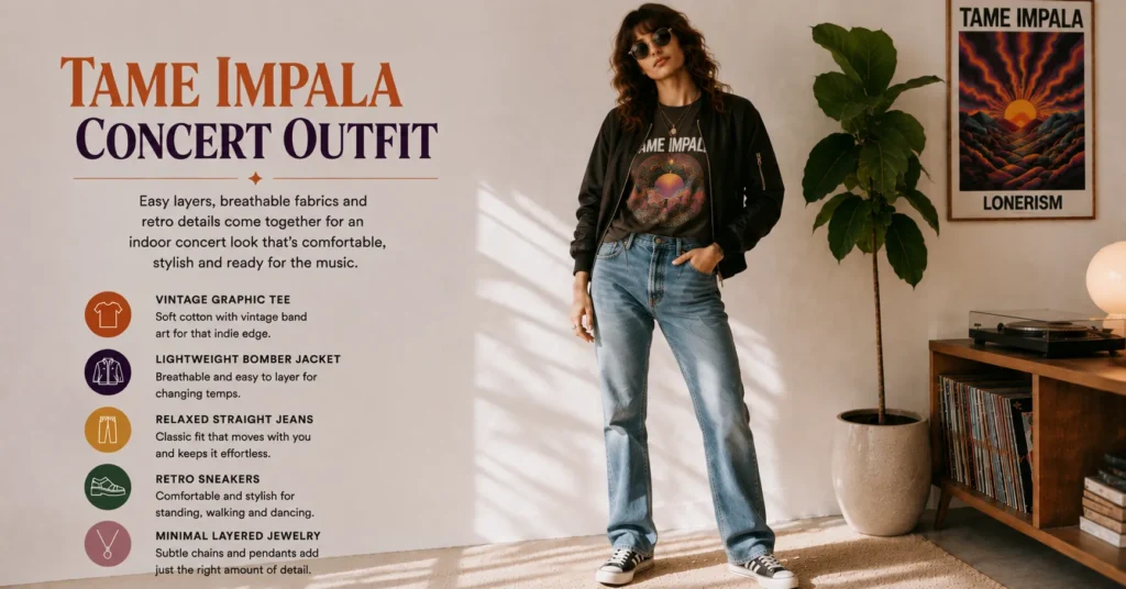 Tame Impala Concert Outfit featuring breathable indoor concert fashion with vintage tee and jeans