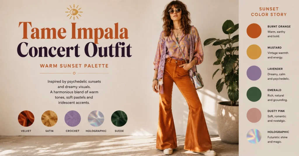 Tame Impala Concert Outfit featuring colorful retro palette with warm psychedelic tones