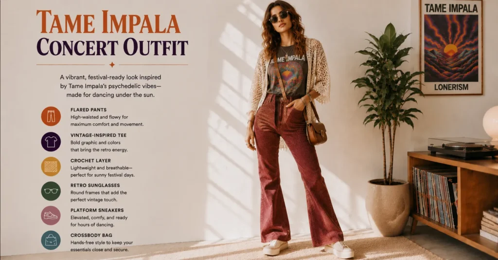 Tame Impala Concert Outfit featuring stylish retro festival fashion with flared pants