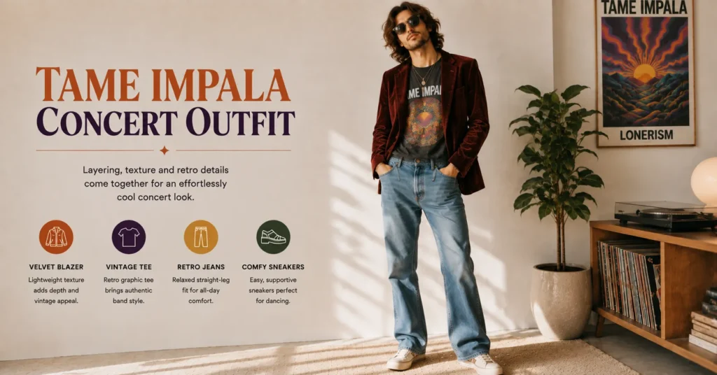 Tame Impala Concert Outfit featuring textured velvet layering and retro fashion