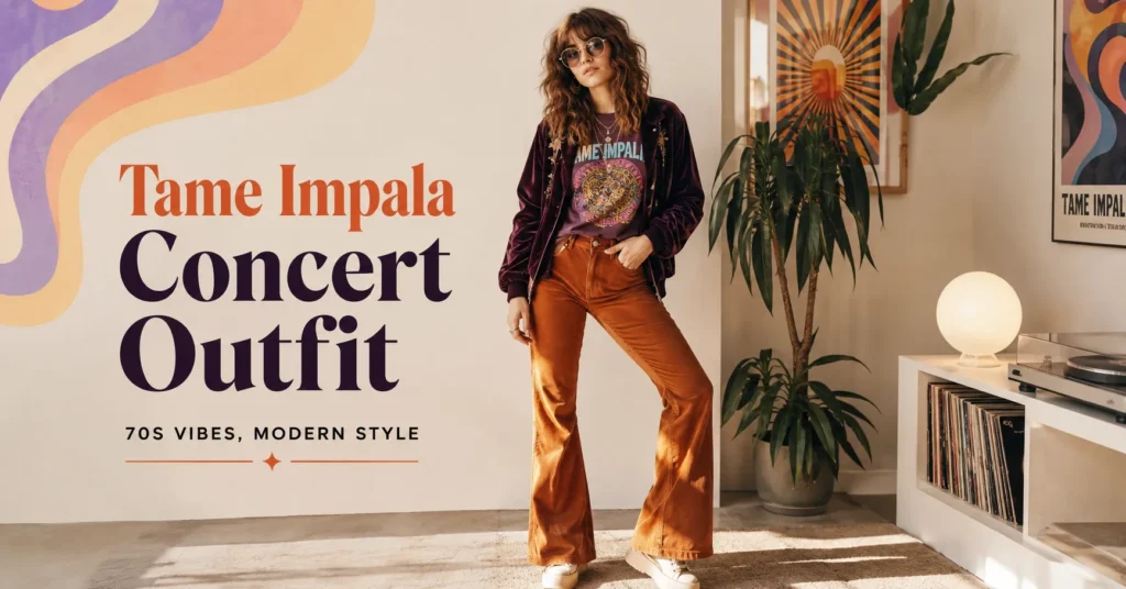Tame Impala Concert Outfit inspiration featuring retro festival fashion with flared pants and vintage tee