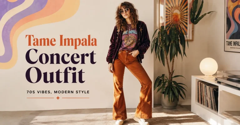 Tame Impala Concert Outfit inspiration featuring retro festival fashion with flared pants and vintage tee