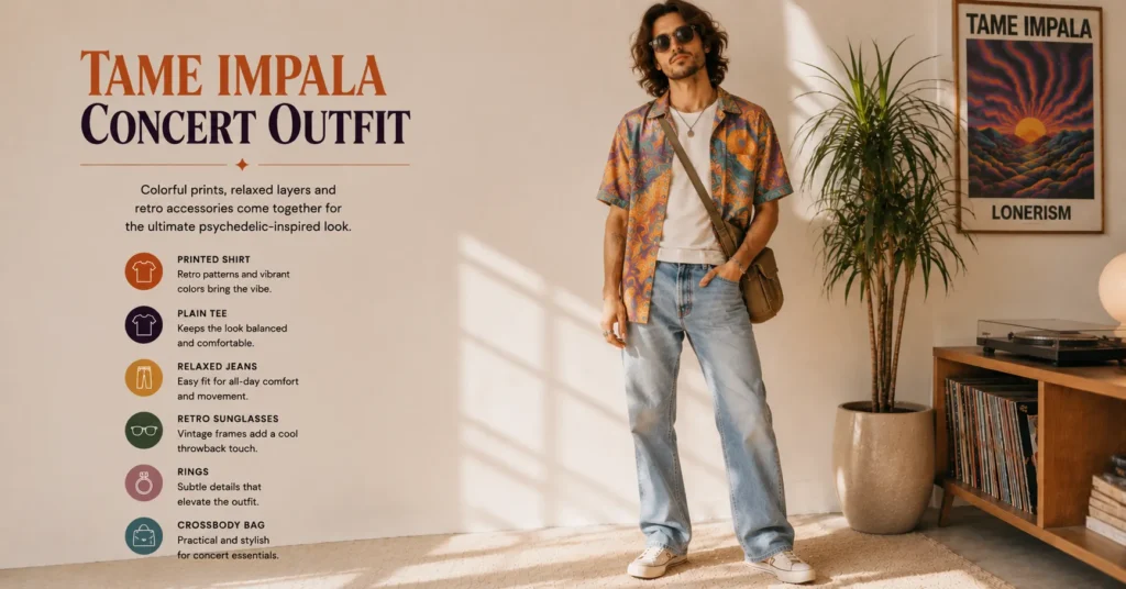Tame Impala Concert Outfit with bold retro prints and stylish accessories