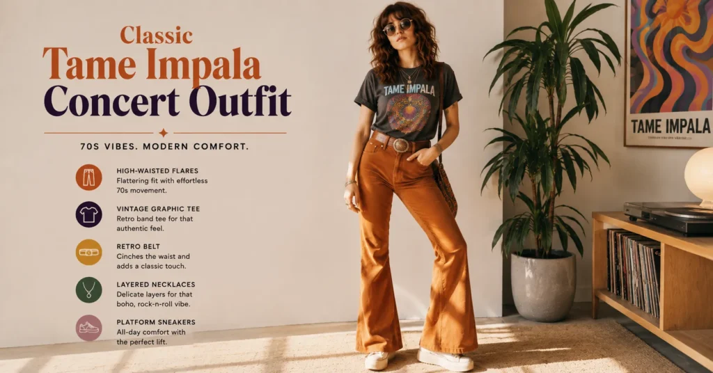 Tame Impala Concert Outfit with flared pants and vintage graphic tee inspiration